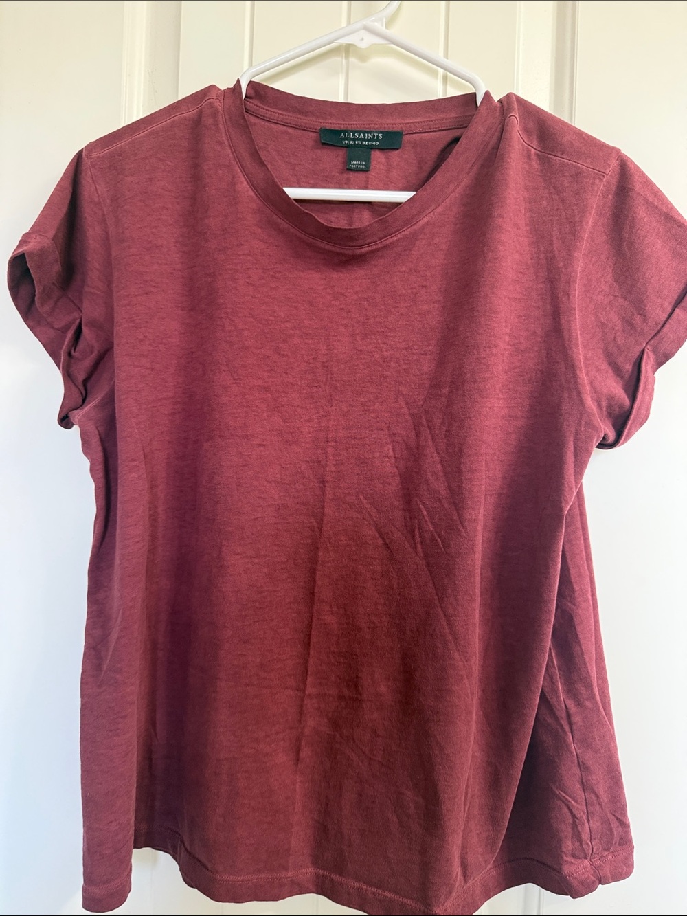 All Saints Short Sleeve Crewneck Tee in Washed Burgundy